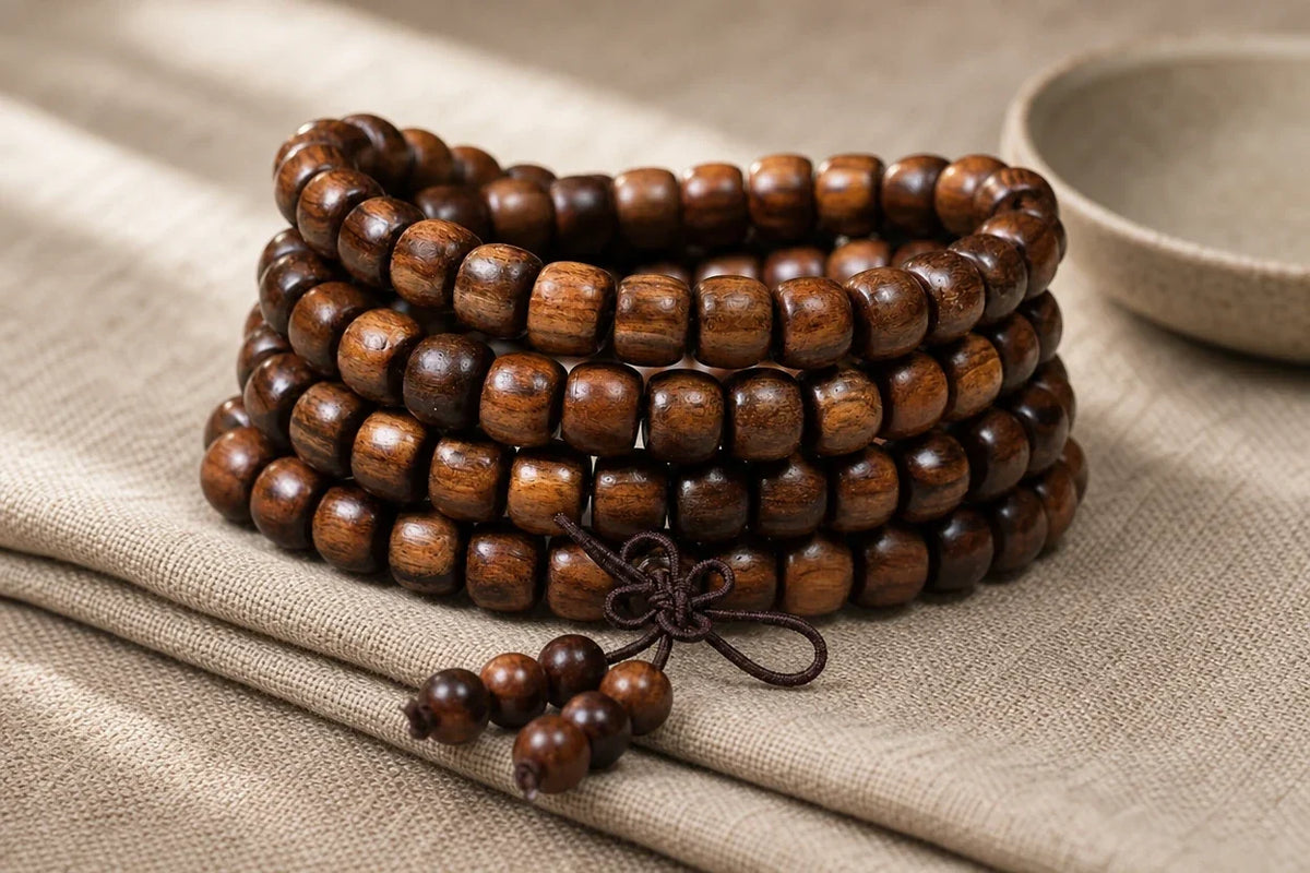 Coiled black rosewood 108 mala with barrel-shaped beads on folded linen, dark cord knot and small round tassel beads resting…