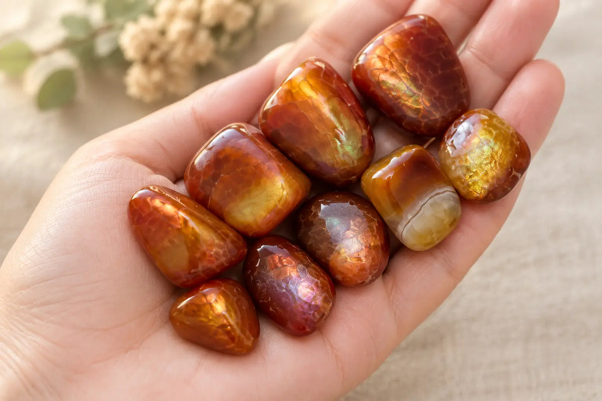 Tumbled fire agate stones resting in an open hand, warm red and orange with flashes of gold, green and violet, dried flowers blurred behind