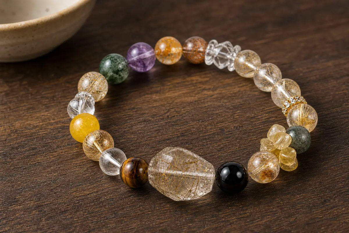 Mixed gemstone seven-chakra bracelet coiled on a dark wooden surface, with the rim of a pale ceramic bowl soft in the upper corner