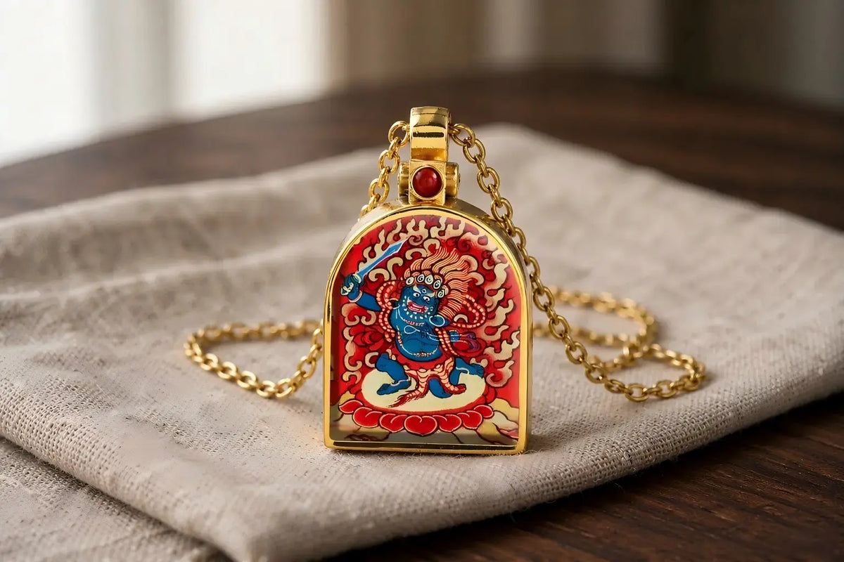 Opening Thangka Ghau Locket Necklace — gold-tone arched case with a painted thangka panel, resting on linen, Tibet Art