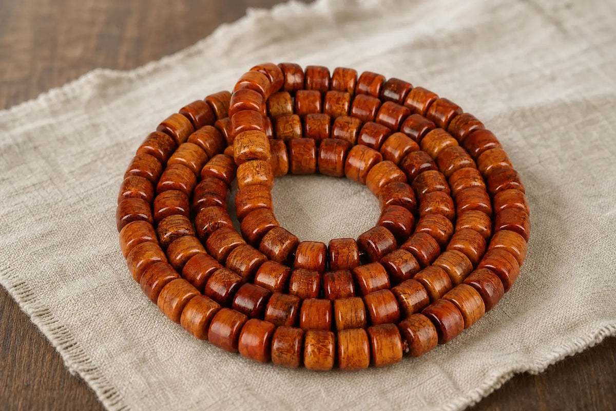 Yak Bone 108 Mala - Barrel Beads — warm brown bone beads on linen in soft window light, Tibet Art