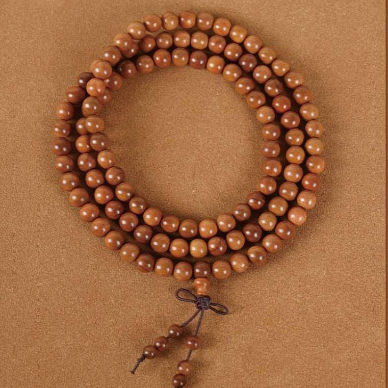 Aged Peach Wood 108-Bead Mala Bracelet — Traditional Wood Prayer Beads for Protection & Daily Practice Tibet Art