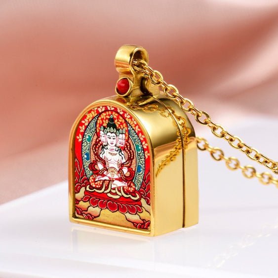 Tibetan Ghau Locket Necklace — Opening Shrine Pendant with Thangka Deity Art Tibet Art