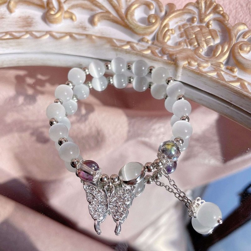 Cat's Eye Crystal Charm Bracelet — Butterfly & Star Motifs, Natural Stone Beads Tibet Art