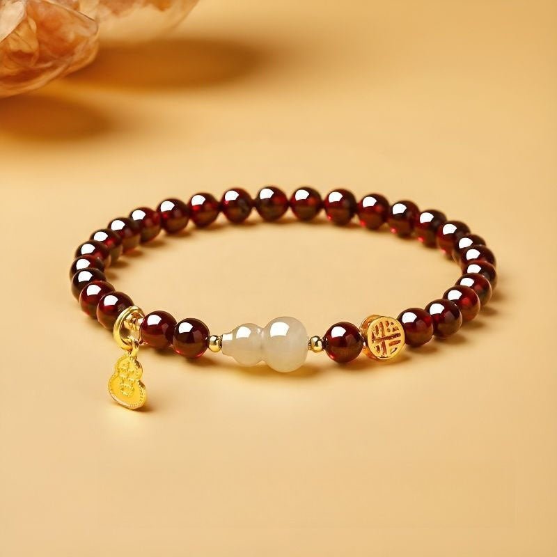 Garnet & Hetian Jade Bracelet — Lucky Charm Bead Bracelet for Wealth & Protection - Hetian Jade GourdTibet Art