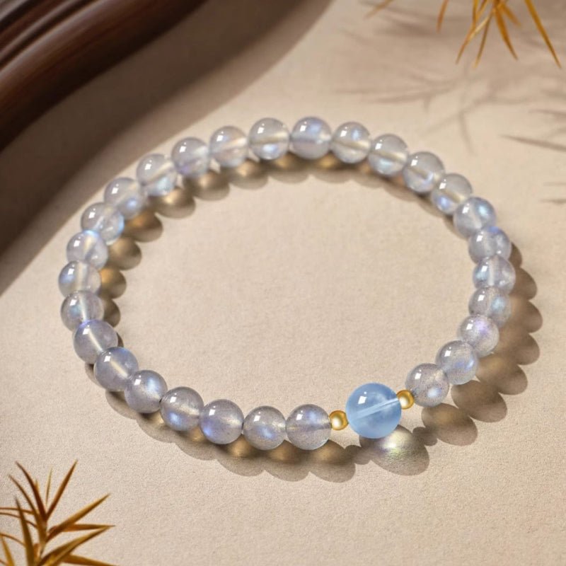 Gray Moonstone & Aquamarine Bracelet 8mm — Luck Transfer Bead for Calm & Good Fortune Tibet Art