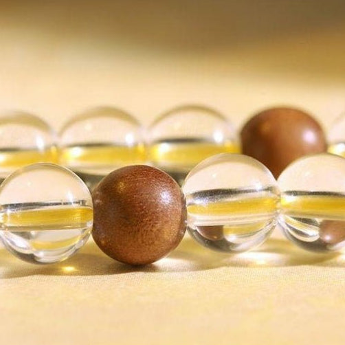 Yellow Jambhala 108-Bead White Crystal Mala Bracelet — Clear Quartz & Sandalwood for Wealth Practice Tibet Art