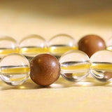 Yellow Jambhala 108-Bead White Crystal Mala Bracelet — Clear Quartz & Sandalwood for Wealth Practice Tibet Art
