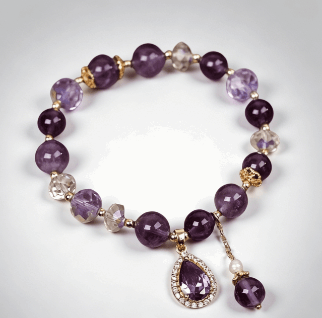 Purple Water Drop Pendant Bracelet — Amethyst Color Crystal Charm Bangle Tibet Art