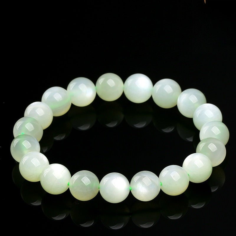 Green Moonstone Bracelet — 7A Natural Stone Beads, Rare Color Variant Tibet Art