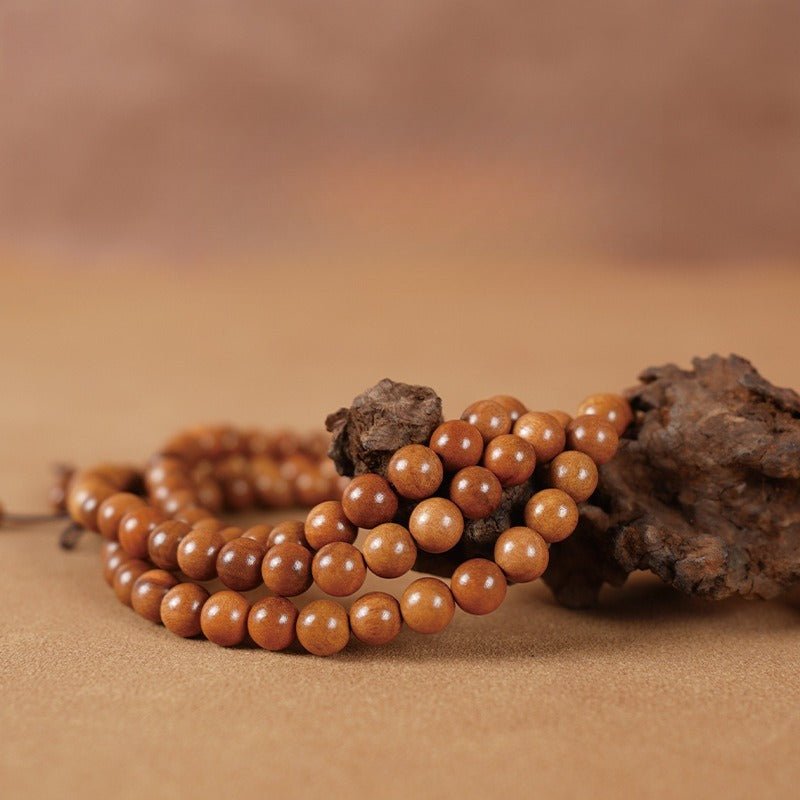 Aged Peach Wood 108-Bead Mala Bracelet — Traditional Wood Prayer Beads for Protection & Daily Practice Tibet Art