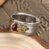Pixiu Ring with Heart Sutra Engraving — Garnet Inset Wealth Ring in Silver & Gold Tone - Pixiu Great Wall — All SilverTibet Art