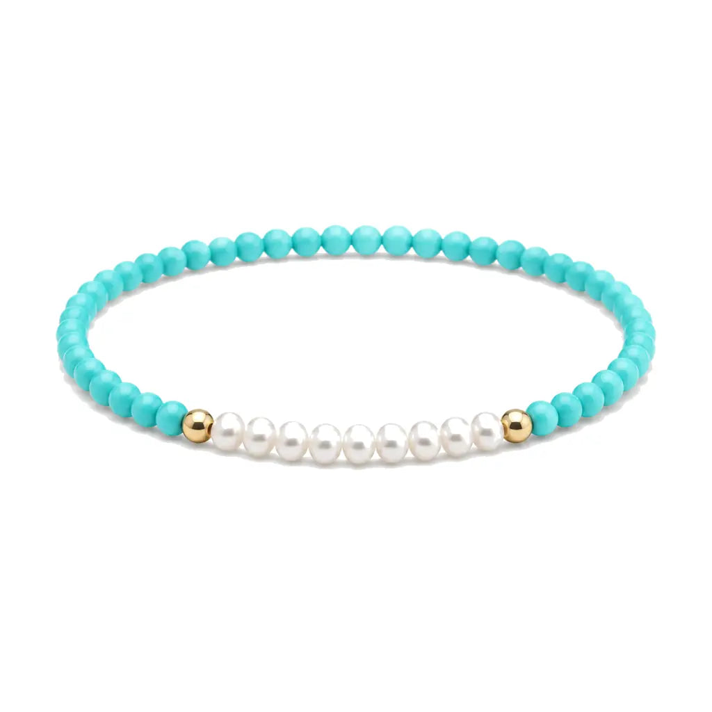 Turquoise & Pearl Single-Strand Bracelet — Chinese Wenwan Style, Daily Wear Tibet Art