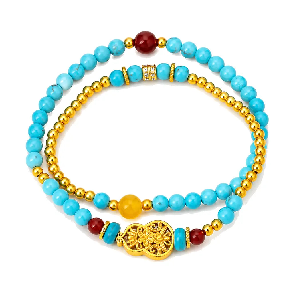 Turquoise Gourd Bracelet with Gold Beads — Double-Strand Feng Shui Charm Tibet Art