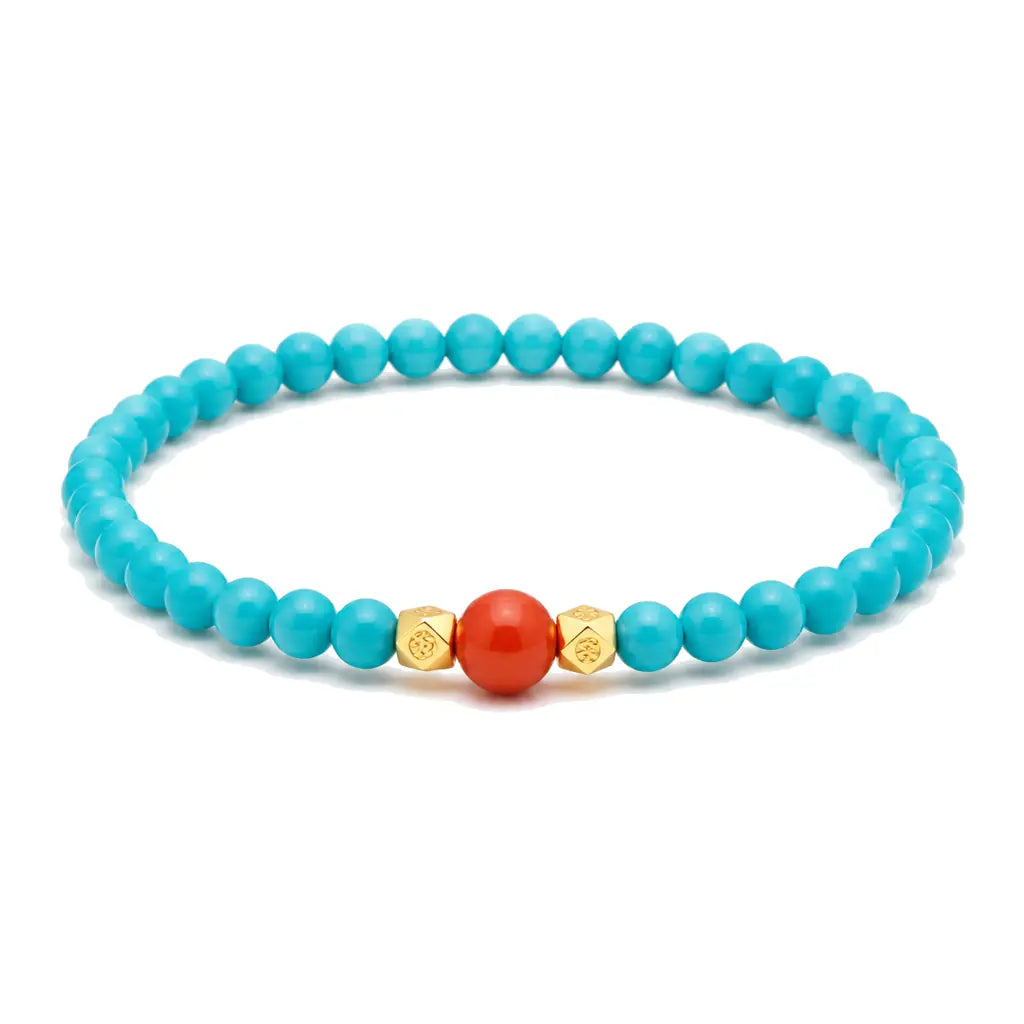 Green Turquoise & Red Agate Bracelet — Two Earth Stones, One Strand Tibet Art