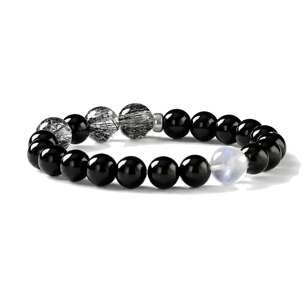 Black Tourmaline & Rutilated Quartz Bracelet — Dark Stone, Steady Ground Tibet Art