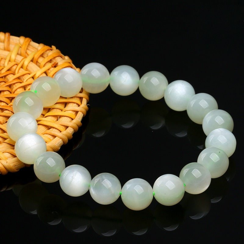 Green Moonstone Bracelet — 7A Natural Stone Beads, Rare Color Variant Tibet Art