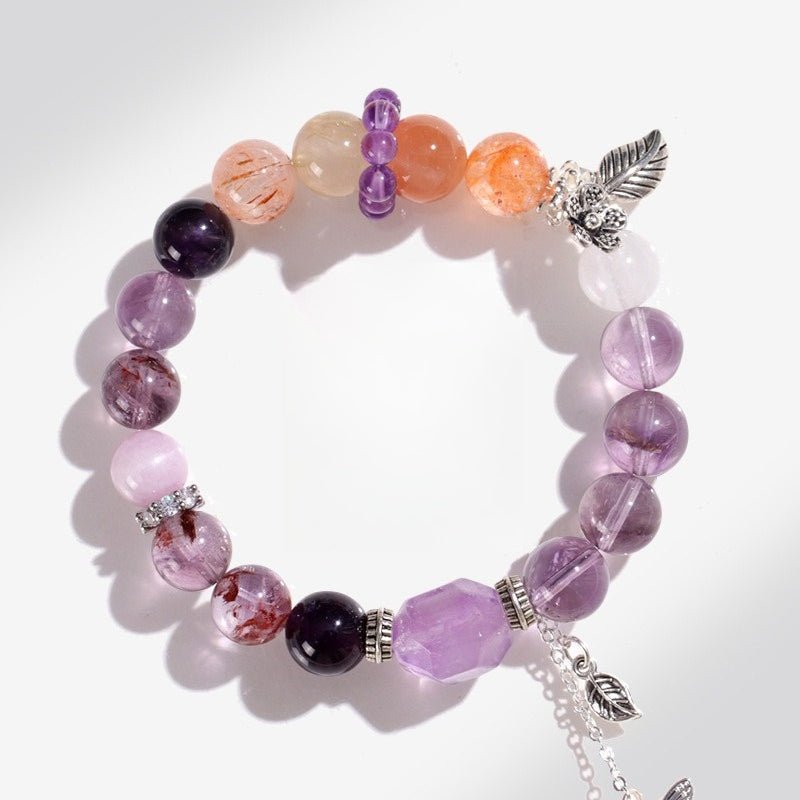 Nine Purple Fire Amethyst Tassel Bracelet — Butterfly & Leaf Crystal Charm Strand for Luck Tibet Art