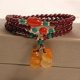 Natural Garnet Crystal Multi - Layer Bracelet — with Double Gourd or Peace Apple Charm - Garnet with Double Gourd CharmTibet Art