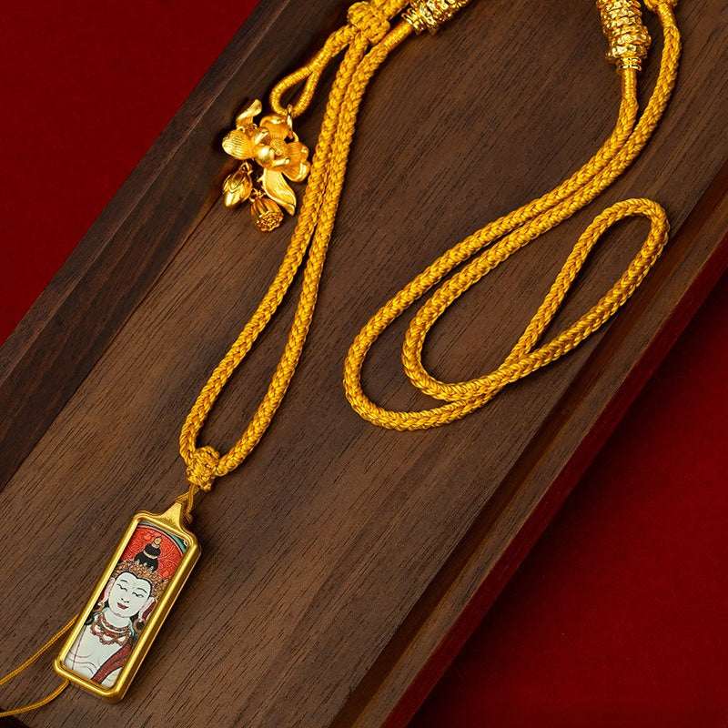 Tibetan Hand-Painted Thangka Pendant — Titanium Steel Frame with Chain, 14 Designs Tibet Art
