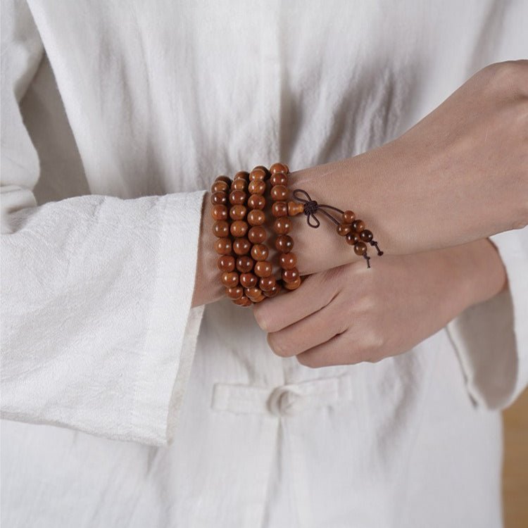 Aged Peach Wood 108-Bead Mala Bracelet — Traditional Wood Prayer Beads for Protection & Daily Practice Tibet Art