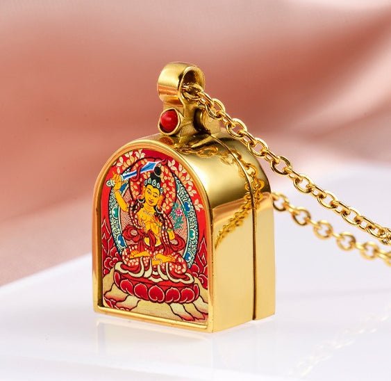 Tibetan Ghau Locket Necklace — Opening Shrine Pendant with Thangka Deity Art Tibet Art