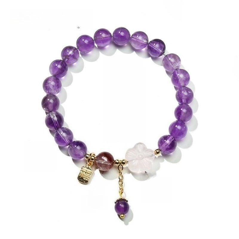 Amethyst Bead Bracelet with Stone Pendant — Rose Quartz Flower or Strawberry Quartz Charm Tibet Art