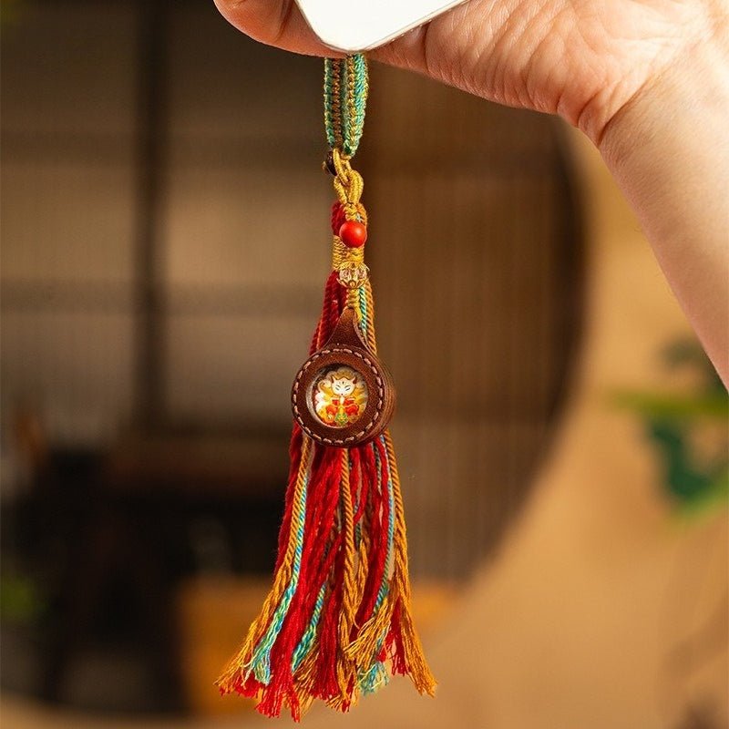 Hand-Painted Thangka Tassel Charm — Bag & Key Pendant with Tibetan Guardian Figures Tibet Art