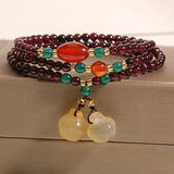 Natural Garnet Crystal Multi - Layer Bracelet — with Double Gourd or Peace Apple Charm - Garnet with Double Gourd CharmTibet Art