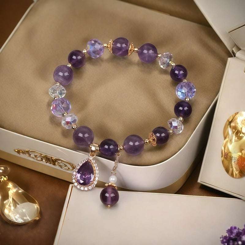 Purple Water Drop Pendant Bracelet — Amethyst Color Crystal Charm Bangle Tibet Art