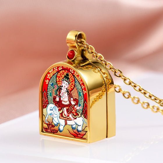 Tibetan Ghau Locket Necklace — Opening Shrine Pendant with Thangka Deity Art Tibet Art