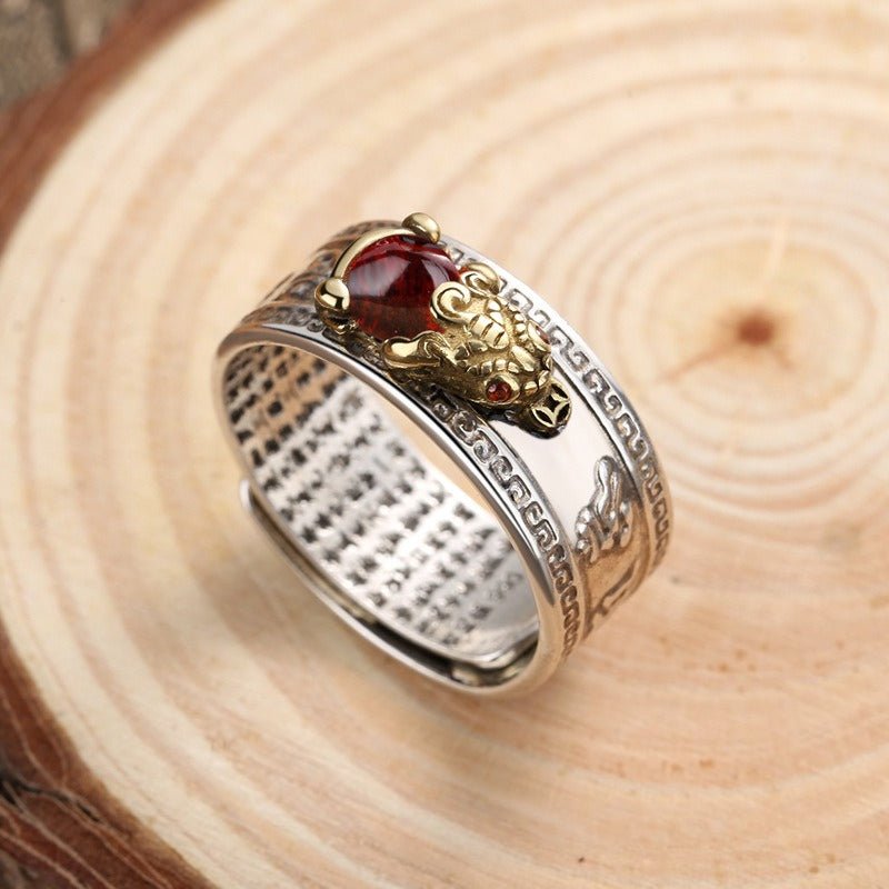 Pixiu Ring with Heart Sutra Engraving — Garnet Inset Wealth Ring in Silver & Gold Tone - Pixiu Great Wall — All SilverTibet Art