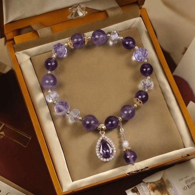 Purple Water Drop Pendant Bracelet — Amethyst Color Crystal Charm Bangle Tibet Art