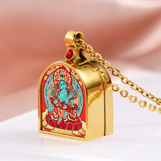 Tibetan Ghau Locket Necklace — Opening Shrine Pendant with Thangka Deity Art Tibet Art