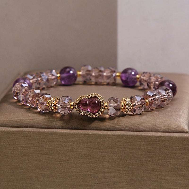 Amethyst Gourd Bracelet with Micro-Inlaid Charm — Crystal Bead Stack for Prosperity & Protection Tibet Art