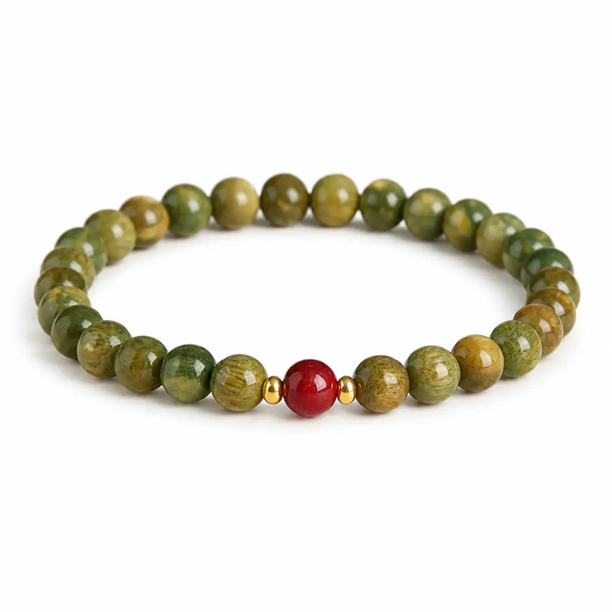 Green Sandalwood Mala Bracelet with Cinnabar & Agate — Natural Wood Beads for Grounding & Intention Tibet Art