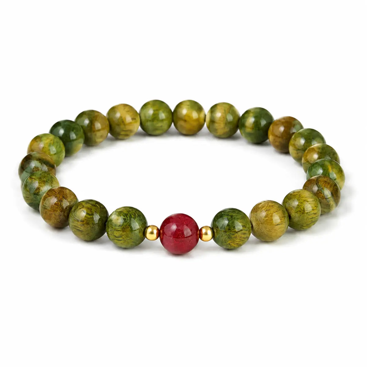 Green Sandalwood Mala Bracelet with Cinnabar & Agate — Natural Wood Beads for Grounding & Intention Tibet Art