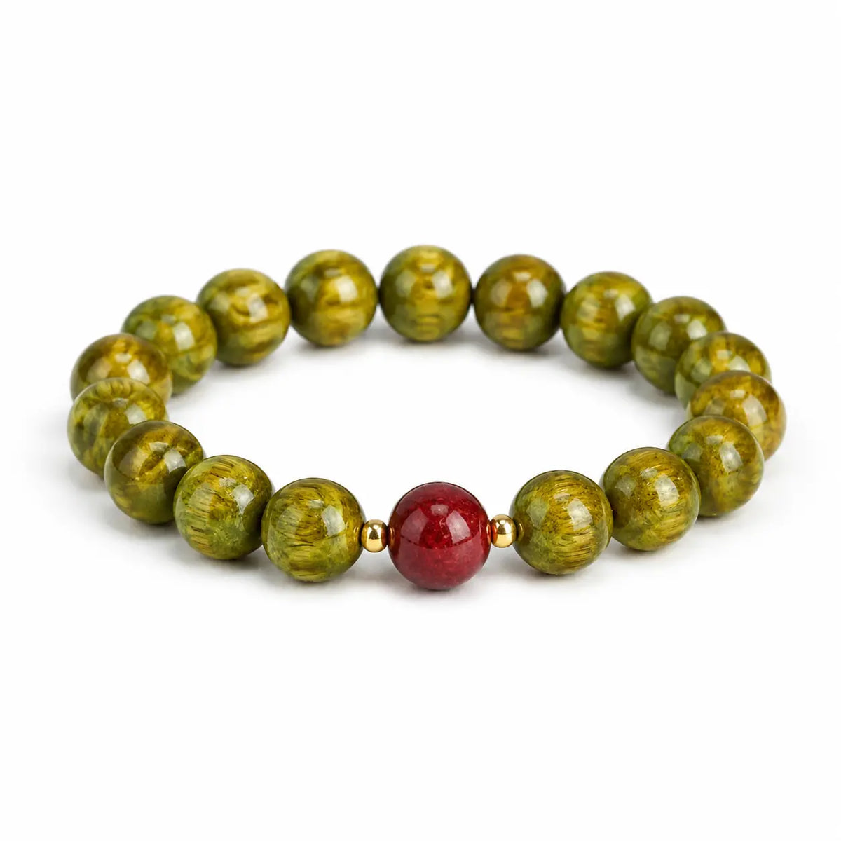 Green Sandalwood Mala Bracelet with Cinnabar & Agate — Natural Wood Beads for Grounding & Intention Tibet Art