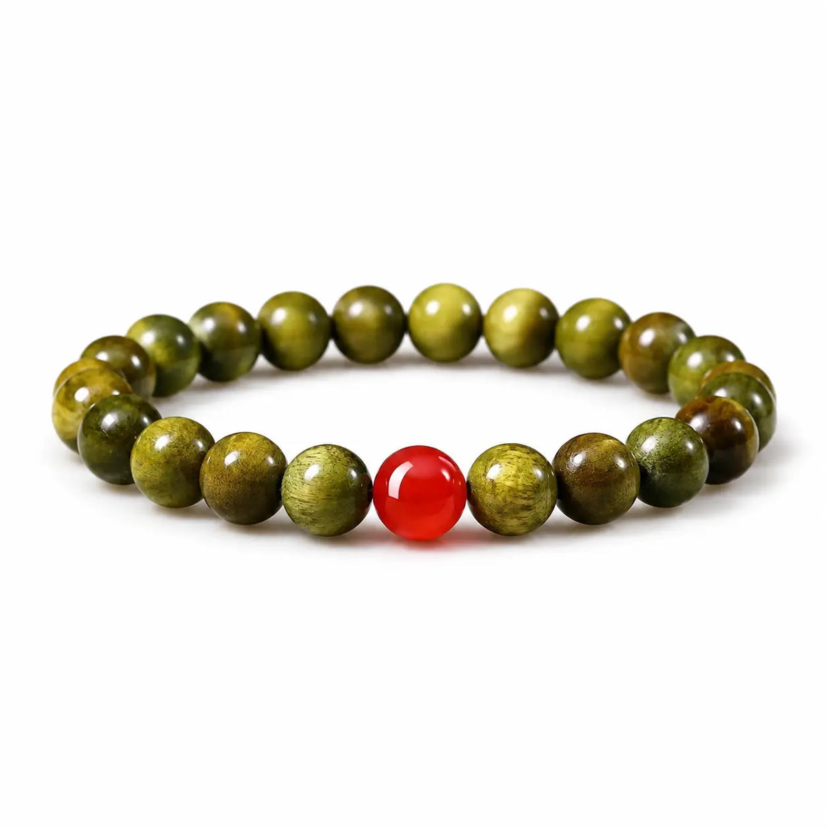 Green Sandalwood Mala Bracelet with Cinnabar & Agate — Natural Wood Beads for Grounding & Intention Tibet Art
