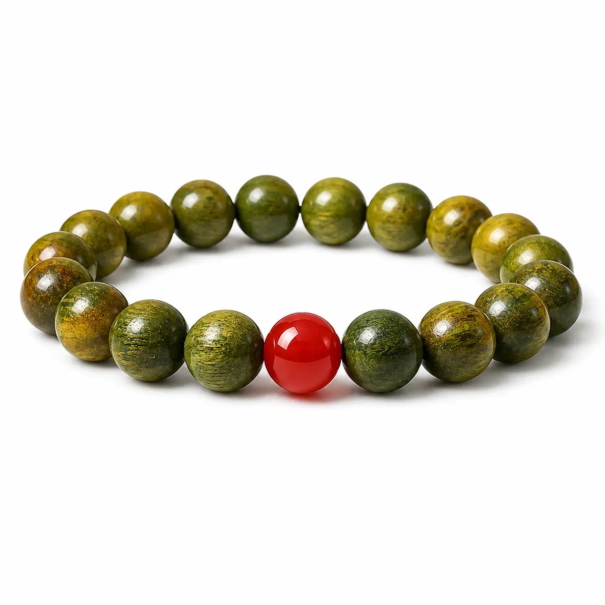 Green Sandalwood Mala Bracelet with Cinnabar & Agate — Natural Wood Beads for Grounding & Intention Tibet Art