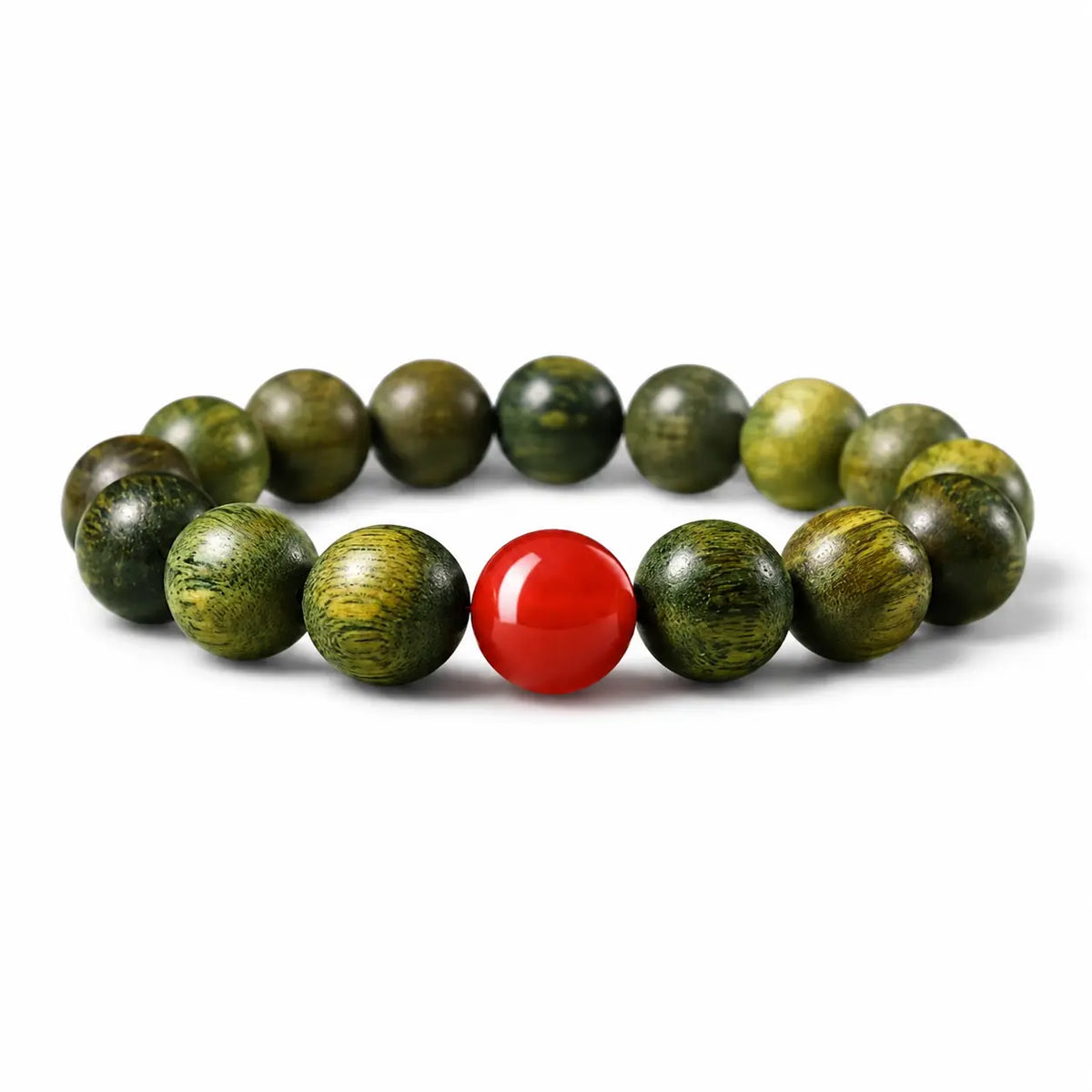 Green Sandalwood Mala Bracelet with Cinnabar & Agate — Natural Wood Beads for Grounding & Intention Tibet Art