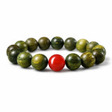 Green Sandalwood Mala Bracelet with Cinnabar & Agate — Natural Wood Beads for Grounding & Intention Tibet Art