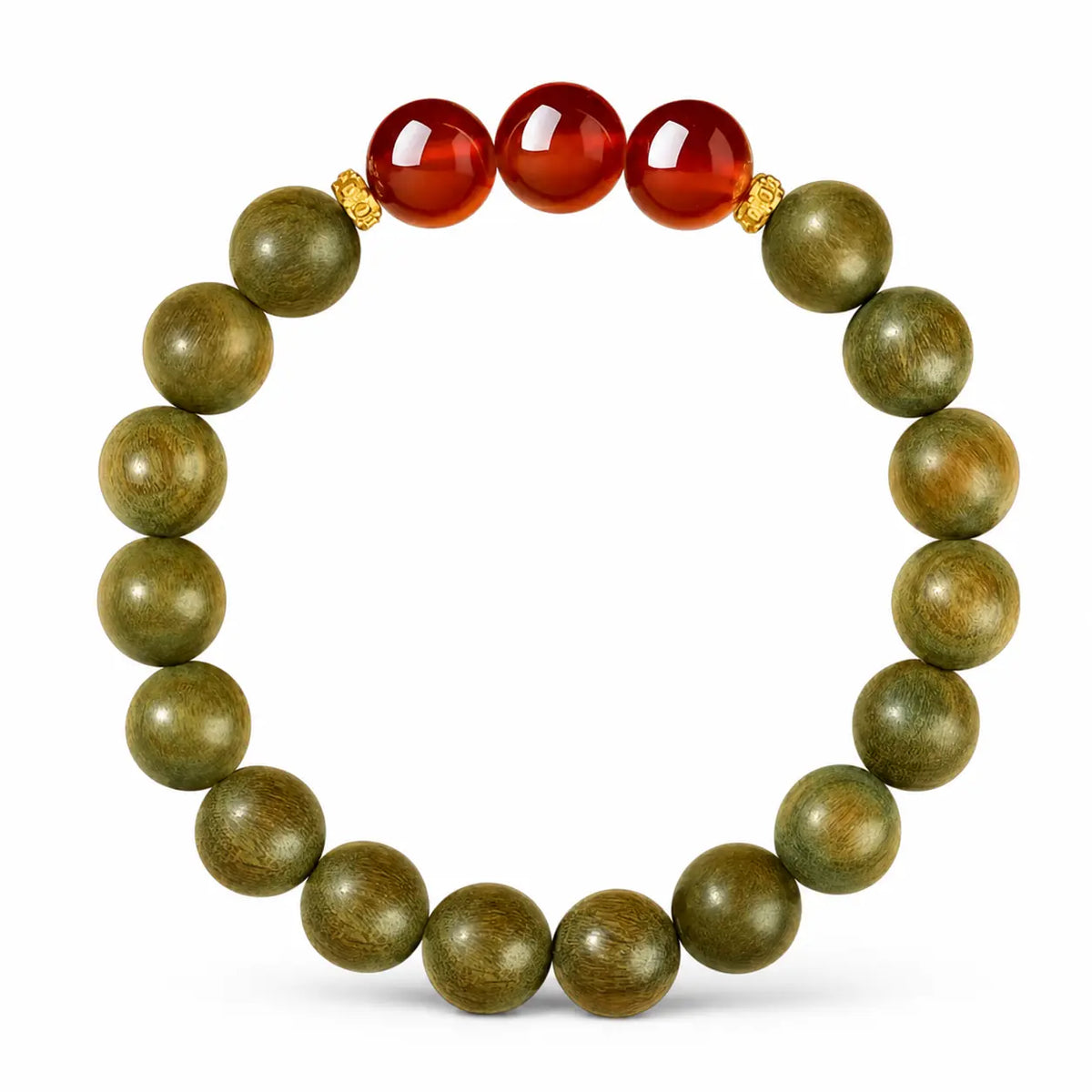 Green Sandalwood Mala Bracelet with Cinnabar & Agate — Natural Wood Beads for Grounding & Intention Tibet Art