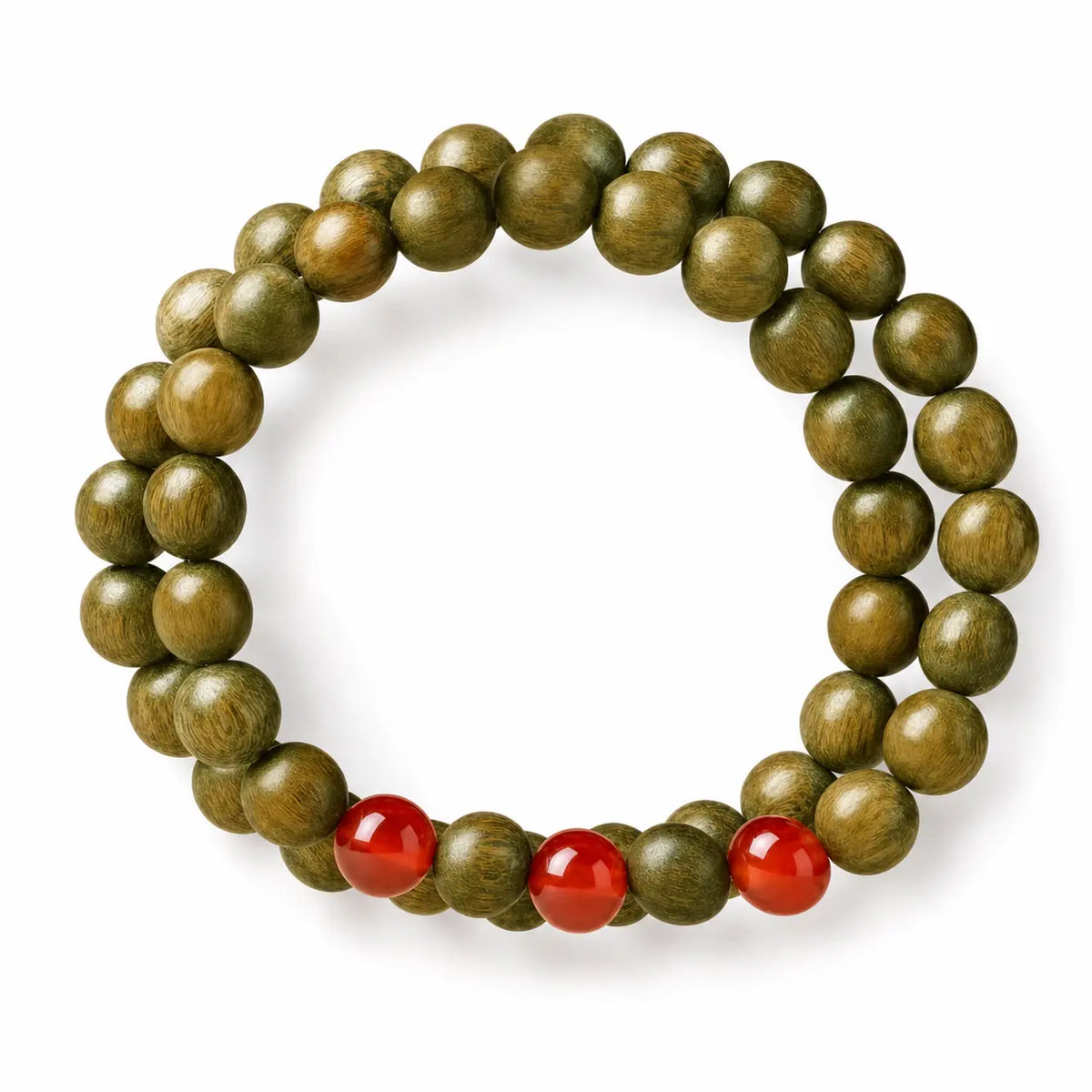Green Sandalwood Mala Bracelet with Cinnabar & Agate — Natural Wood Beads for Grounding & Intention Tibet Art