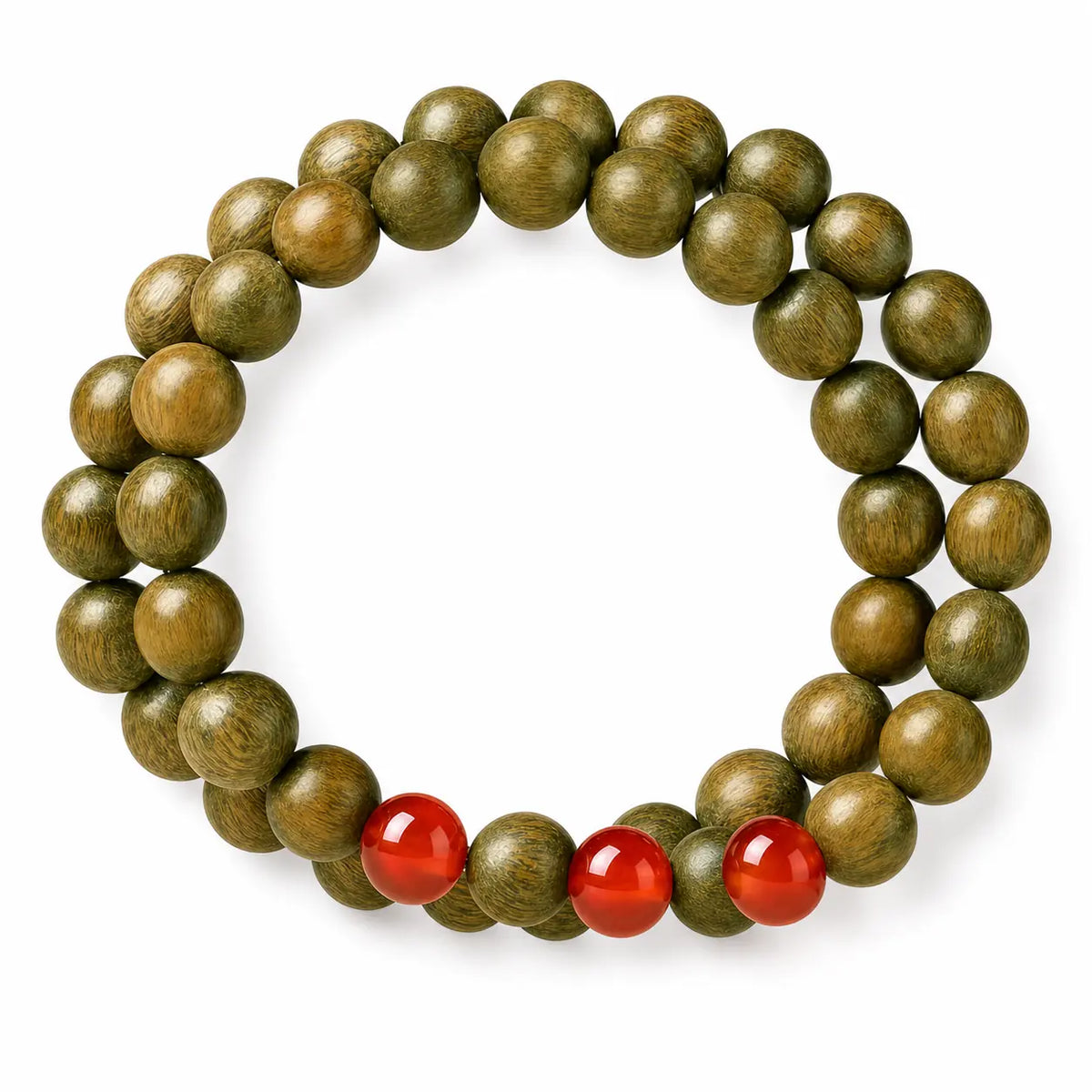 Green Sandalwood Mala Bracelet with Cinnabar & Agate — Natural Wood Beads for Grounding & Intention Tibet Art