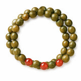 Green Sandalwood Mala Bracelet with Cinnabar & Agate — Natural Wood Beads for Grounding & Intention Tibet Art