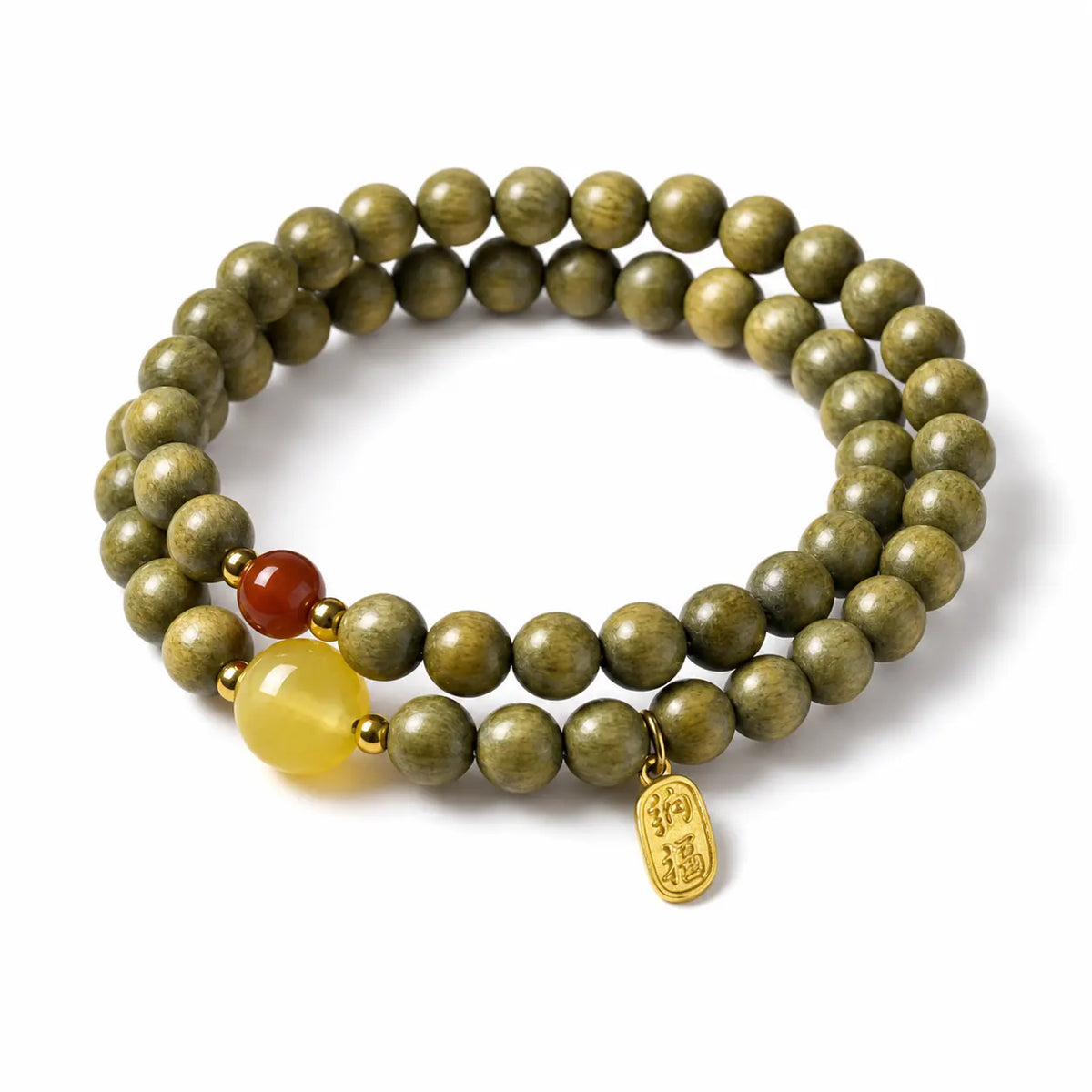 Green Sandalwood Mala Bracelet with Cinnabar & Agate — Natural Wood Beads for Grounding & Intention Tibet Art