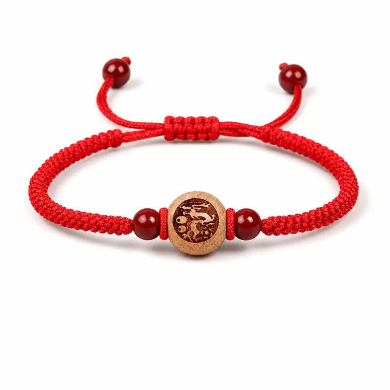 Peachwood Chinese Zodiac Bracelet — Red String Good Luck Charm for Your Sign Tibet Art