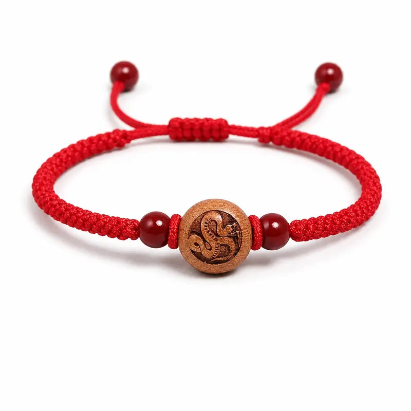 Peachwood Chinese Zodiac Bracelet — Red String Good Luck Charm for Your Sign Tibet Art