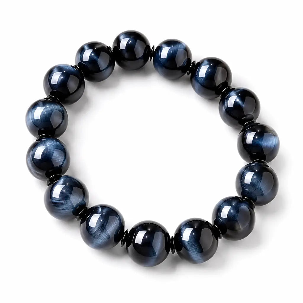 Light Blue & Blue Tiger Eye Bracelet — Natural Collector-Grade Hawk Eye Bead Strand Tibet Art